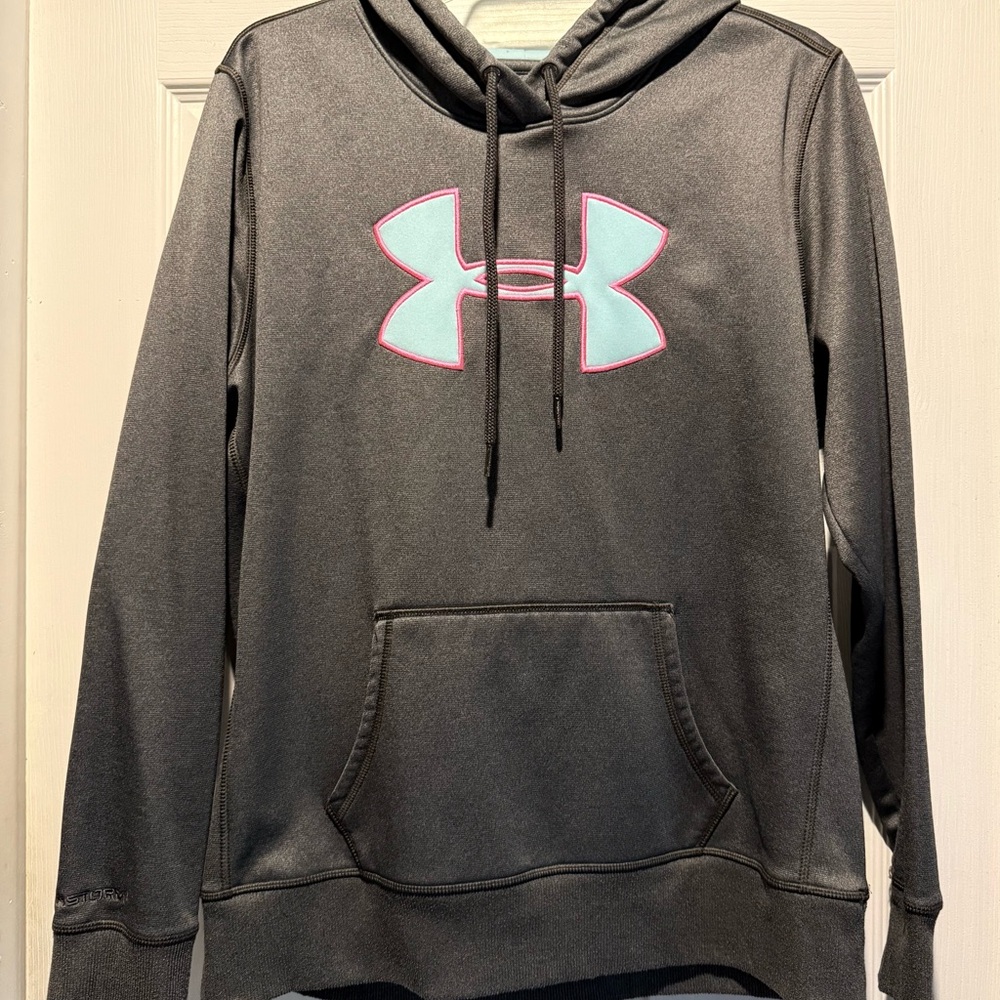 Under Armour Gray Hoodie with Pink and Teal Logo.